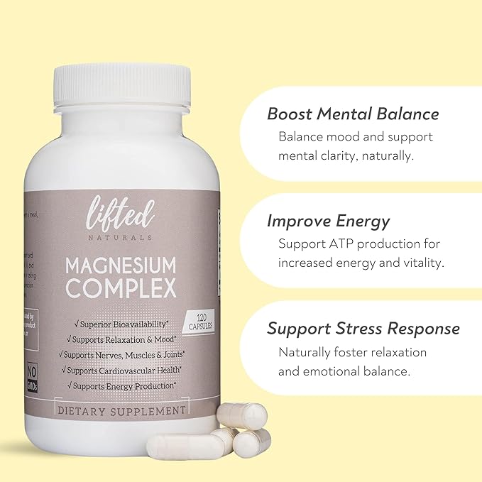 Magnesium Complex - Lifted Naturals Magnesium Supplement w/Bisglycinate, Malate, Taurate - 120 Capsules - Bioavailable Magnesium Formula for Mood, Sleep, Energy Support*