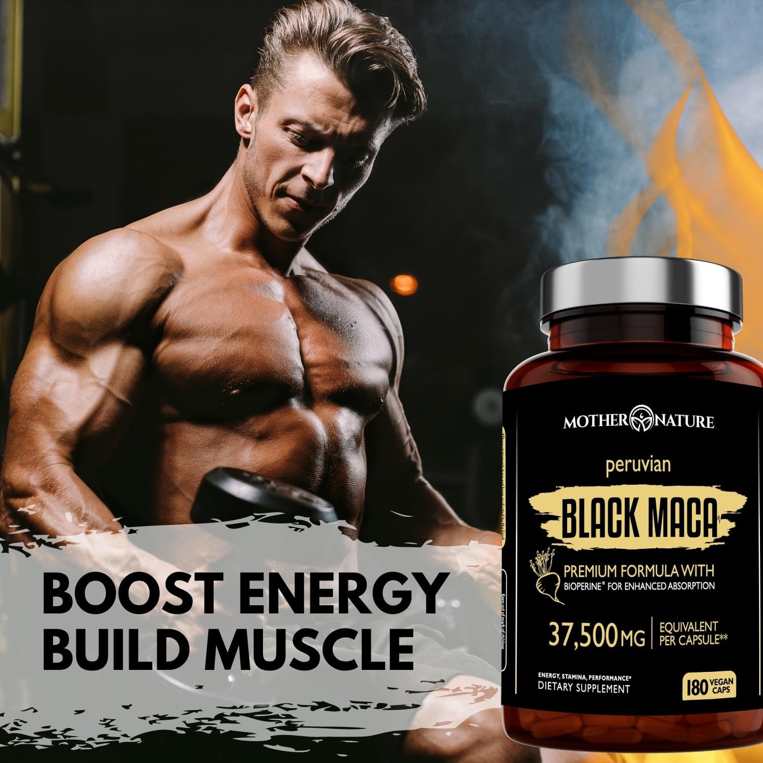 Mother Nature 37,500mg 50x Strength Organic Highly Concentrated Peruvian Black Maca Root Capsules for Men 100% Pure Maca Peruana 50:1 Extract to Boost Stamina, Enegy, Muscle Gain - 180ct