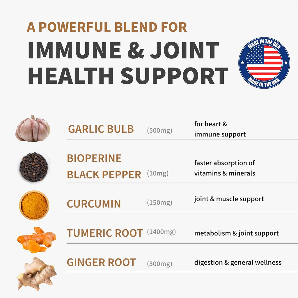4-in-1 Turmeric and Garlic Supplements with Bioperine 2360 mg Turmeric Ginger Root Capsules with Garlic for Joint, Digestion & Immune Support (120ct, Pack of 2)