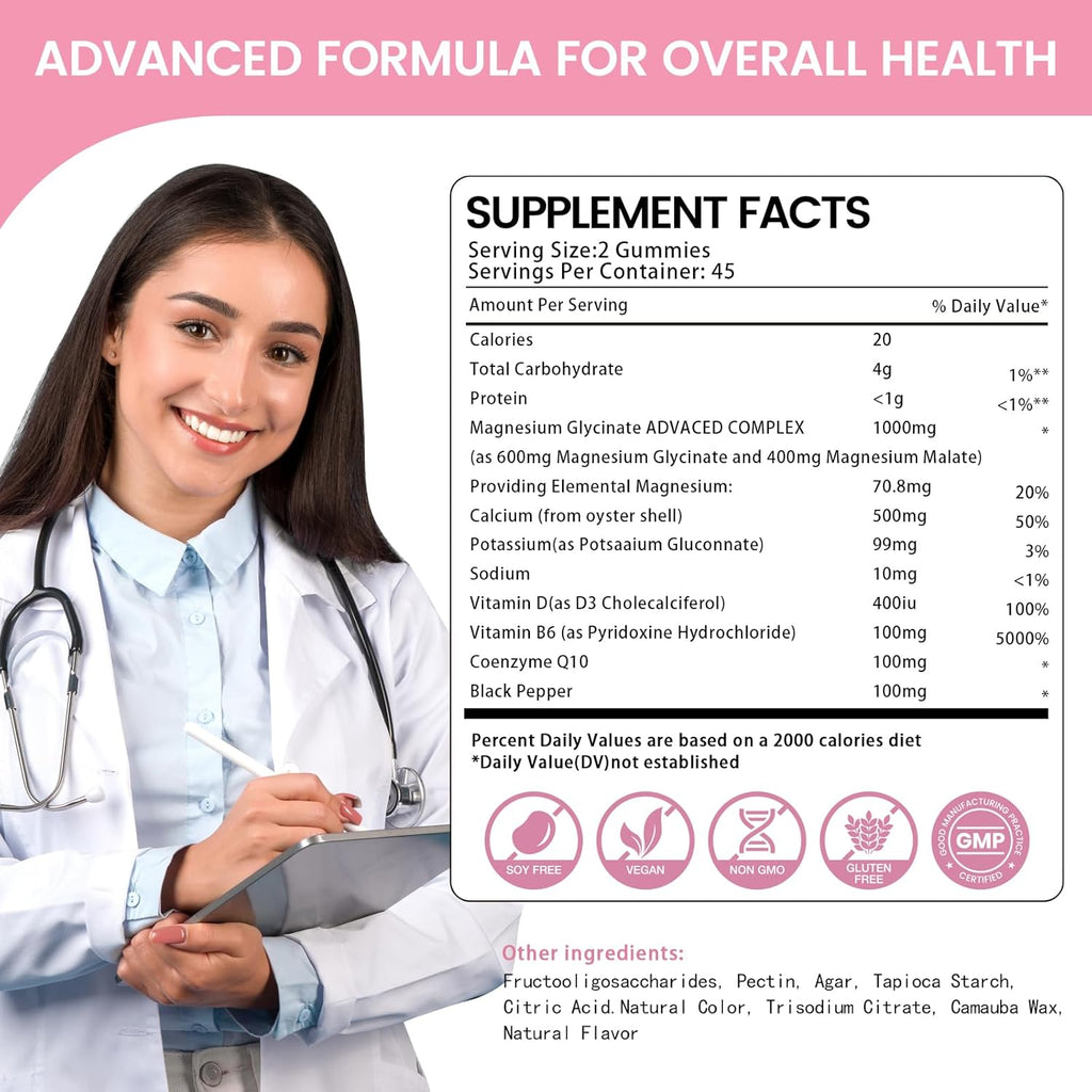 Magnesium Glycinate Gummies 1000mg, High Absorption Sugar Free Magnesium Potassium Supplement for Relaxation, Stress Relief, and Sleep Support for Adults & Kids - 180 Peach Gummies