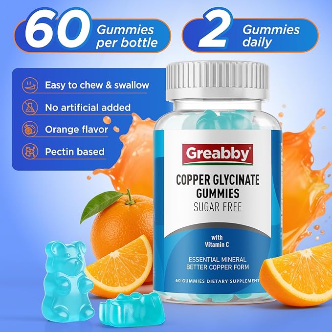 Copper Glycinate Gummies, 2mg Chelated Copper with Vitamin C, High Absorption Copper Supplements for Women 25-44, Immune, Energy, Skin & Bone Health, 60 Count