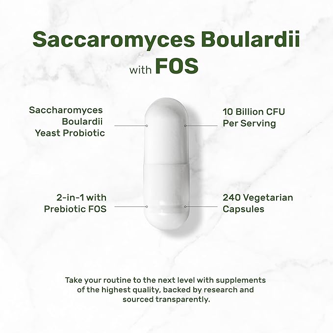 Saccharomyces Boulardii Probiotics + FOS Supplement, 10 Billion CFU, 240 Veggie Capsules – Probiotic & Prebiotic for Women & Men – Gut, Immune & Digestive Health Support – Non-GMO