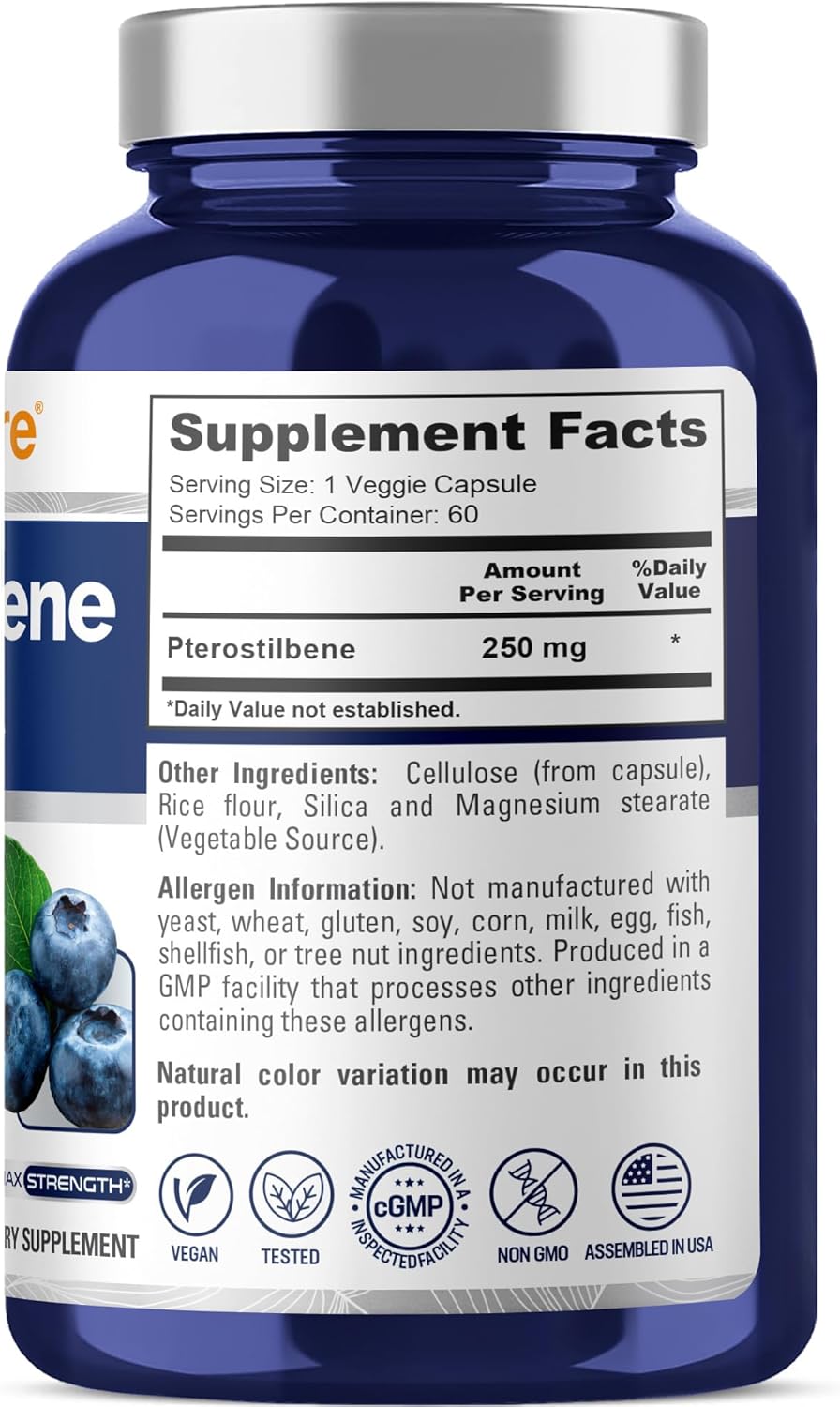 NusaPure Pterostilbene 250mg per Veggie Caps, 60 Count (Non-GMO, Vegan)