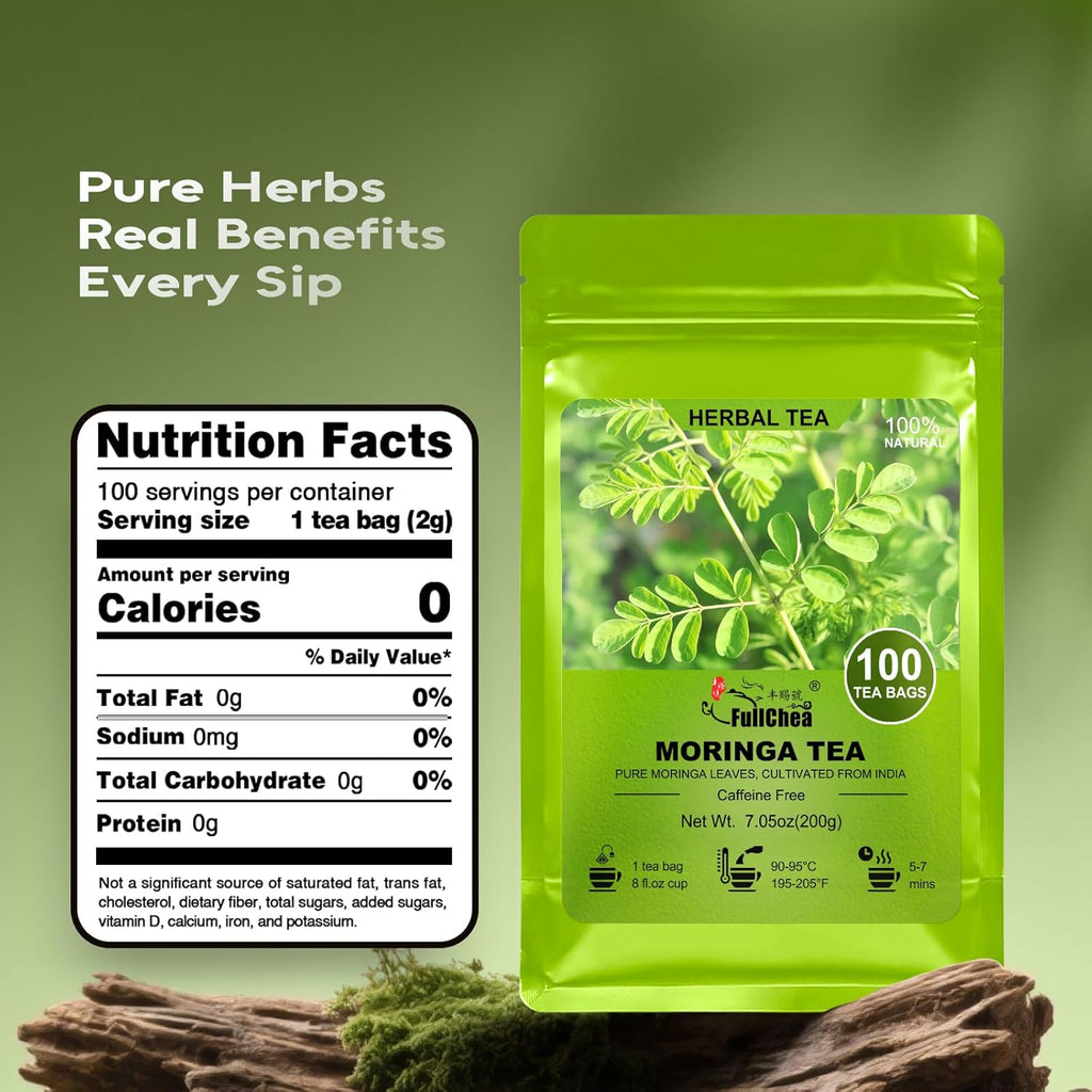 FullChea - Moringa Tea Bags, 100 Count - Pure & Natural Rosabella Moringa Leaves, Cultivated From India - Caffeine-free Herbal Tea for Supporting Digestion & Immune System - Non-GMO