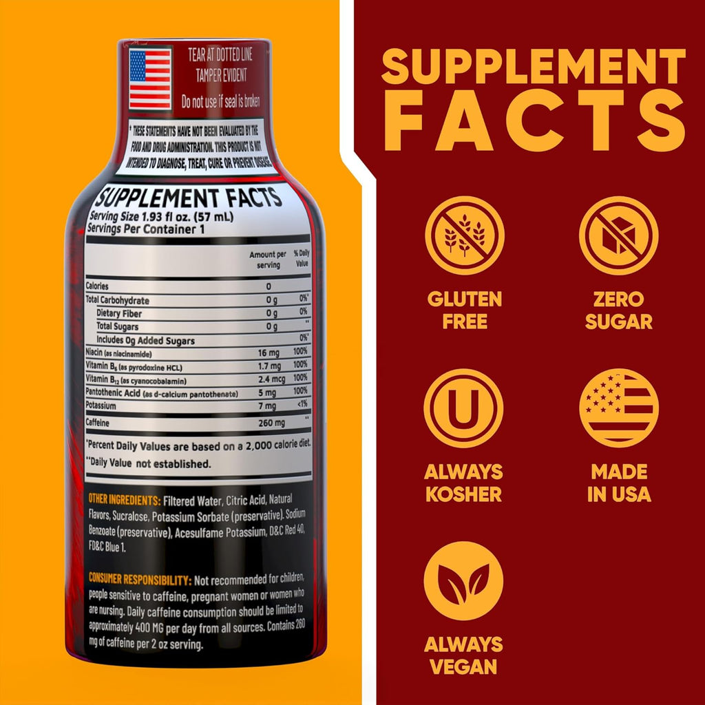B12 Overload Extra Strength Energy Shot – Pomegranate – 260mg Caffeine, 14000% B12, Electrolytes – Energy & Vitality Support – Zero Sugar No Calories – Vegan, Kosher, Gluten-Free – 1.93 fl oz, 8-Pack