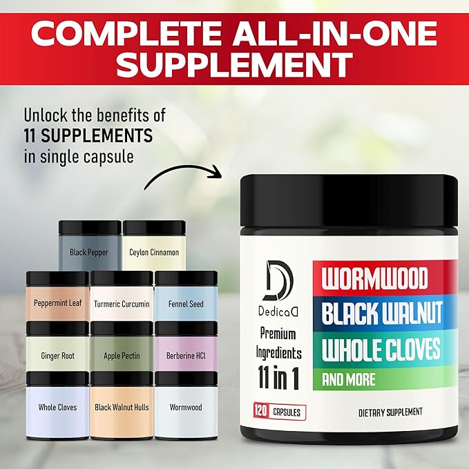 Wormwood Supplement - 120 Capsules Extracted from Black Walnut, Cloves, Turmeric, Apple, Berberine HCl & More - 11 Ingredients Combined for Immune System - 2-Month Supply