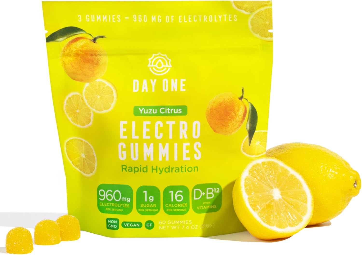 Day One Electrogummies - 60pcs. of Yuzu Citrus Flavored Electrolyte Gummies for Hydration and Recovery - Packed with Essential Electrolytes Ideal for Workouts, Running, Hiking and More