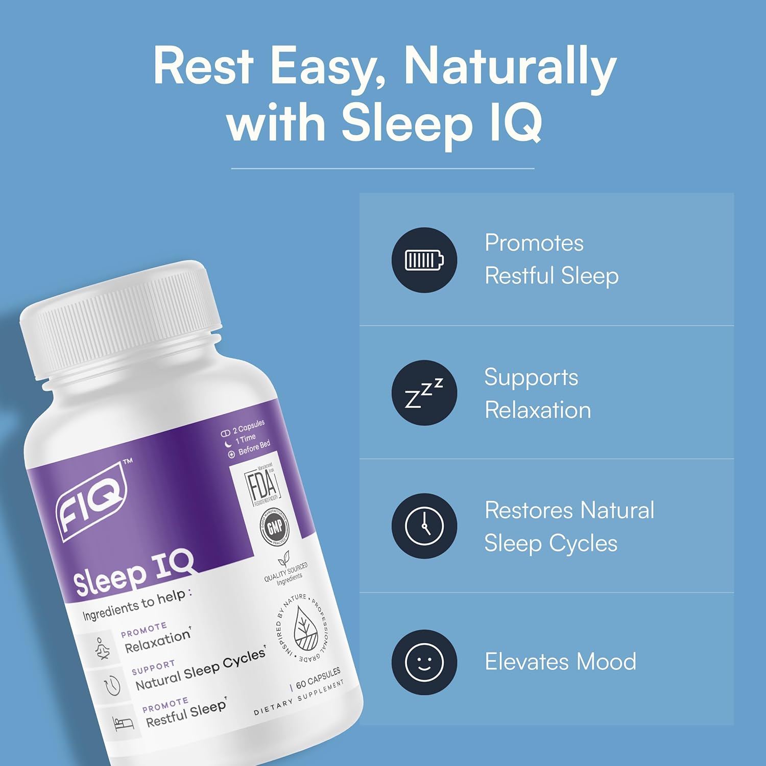 FIQ - Sleep IQ - Sleep Aid - Magnesium Supplement with 5 mg Melatonin, Lemon Balm, & Valerian Root - 60 Capsules