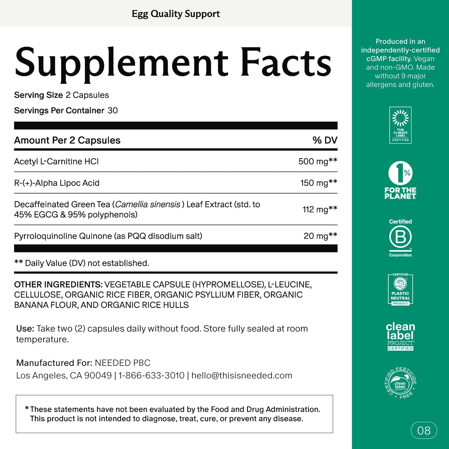 Needed. Egg Quality Support - Optimally Formulated Antioxidants Supplement for Egg Quality - Fertility Support - Fertility Supplement for Women - 60 Capsules - 30 Day Supply