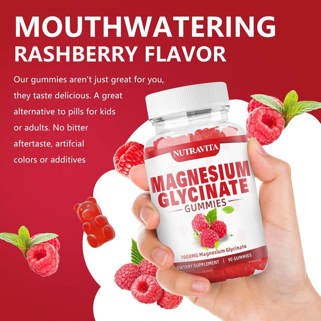 Magnesium Glycinate Gummies 1000mg with Magnesium L - Threonate,Chelated Magnesium Potassium Complex Supplement with VitD, B6, CoQ10, Calcium,Supports for Memory, Calm, Mood - 90 Gummies