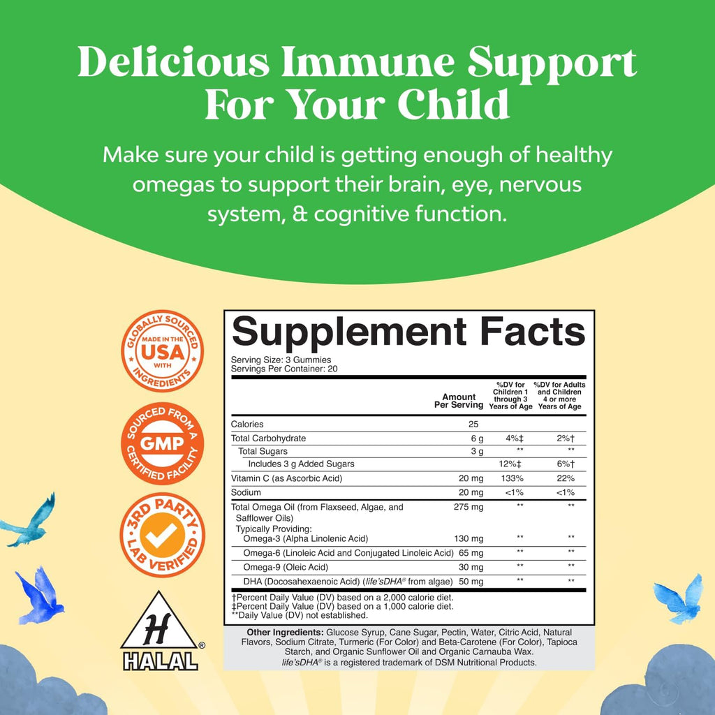 Kids DHA Omega 3 Gummies - Fatty Acids Omega 3 6 9 for Brain, Immune Strength & Vision - Nutritional DHA for Kids for Healthy Nervous System & Focus Support - Fish Free, Vegan & Non-GMO - 60 Chews