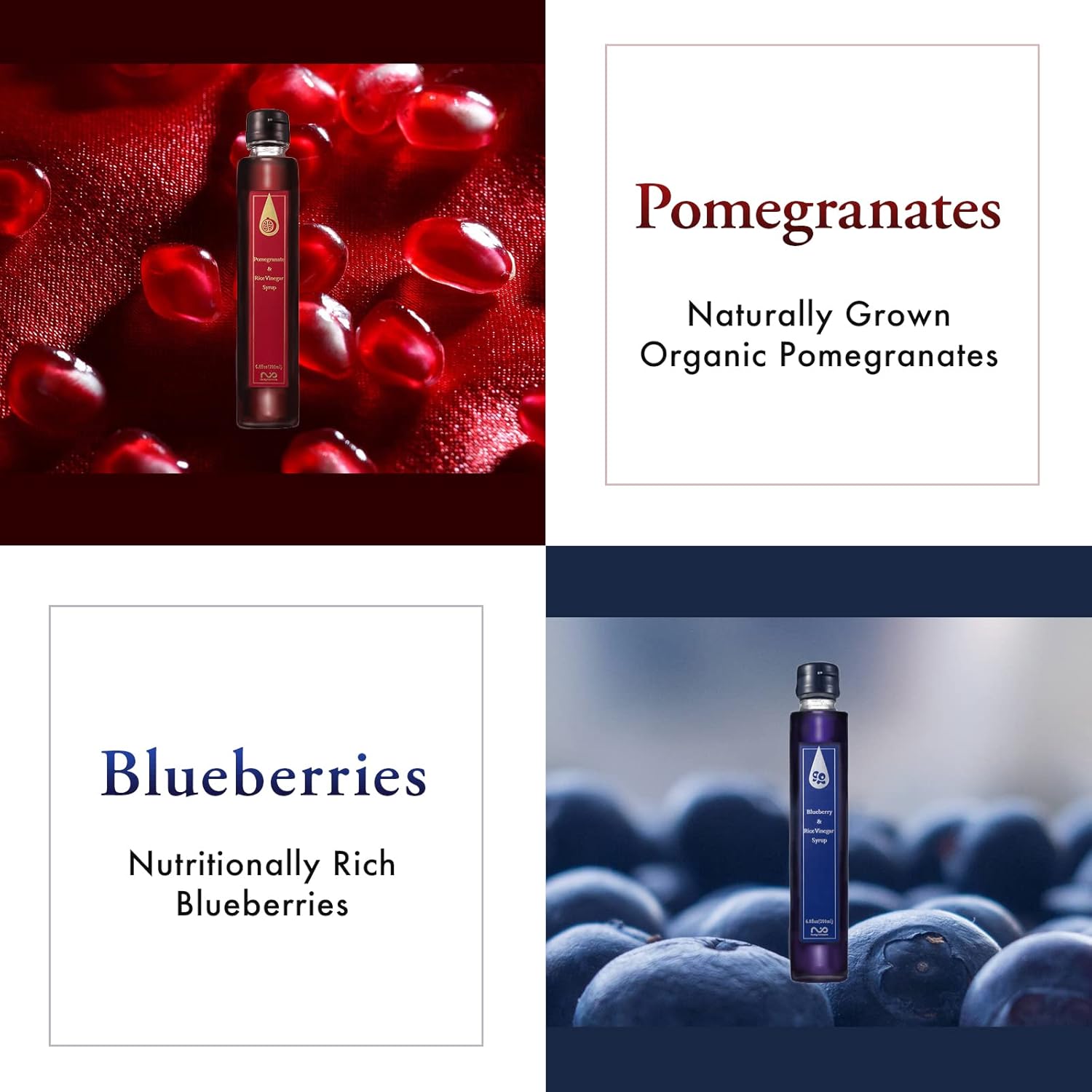 [Micoas] Pomegranate & Rice Vinegar Syrup, Blueberry & Rice Vinegar Syrup, Drinking Vinegar, Perfect For Gift, With Kombucha, Gluten Free, Made in Japan, 200ml (6.8 oz), 4 Pack