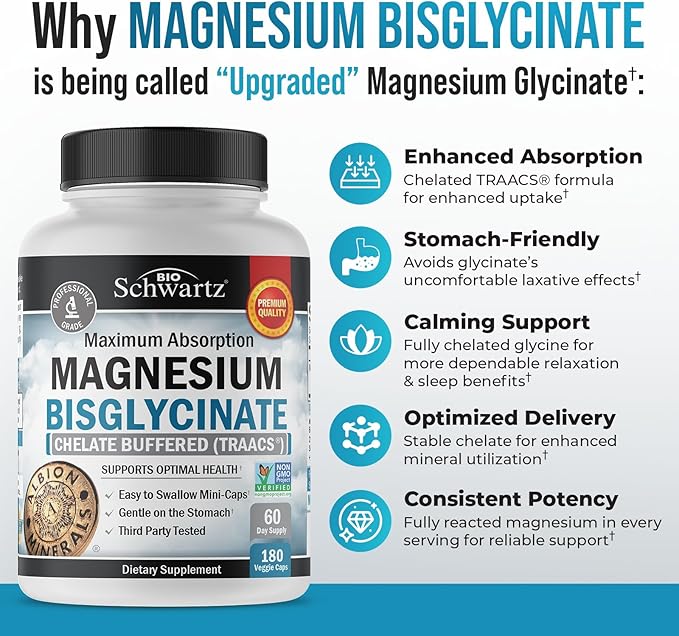 Magnesium Bisglycinate Chelated Supplement - High Absorption Magnesium Supplement for Muscle, Bone & Joint Support - Non-GMO, Non-Laxative, Fully Buffered for Maximum Bioavailability - 180 Capsules