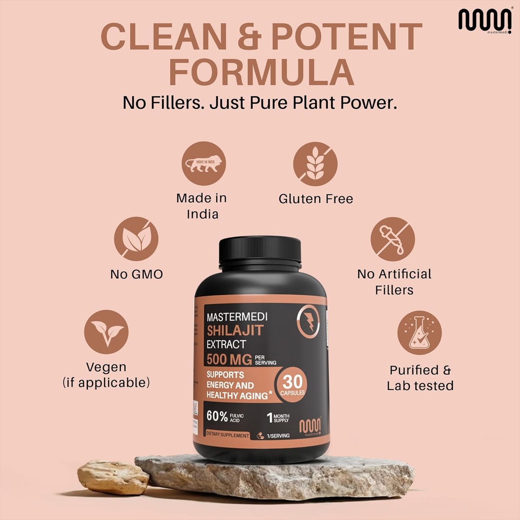 MasterMedi Shilajit 500mg – Pure Himalayan Extract Standardized to Fulvic Acid – Energy, Stamina & Vitality Support – 30 Vegan Capsules – Non-GMO, Gluten-Free, No Fillers, Made in India