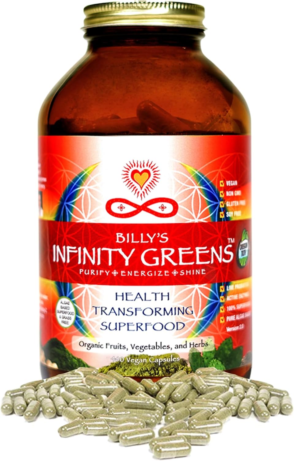 Superfood Capsules, Blue Green Algae Based Capsules with 28 Organic Superfoods, No Fillers or Grasses, Energy & Longevity, Low Temp Dehydrated Greens (34 Servings)