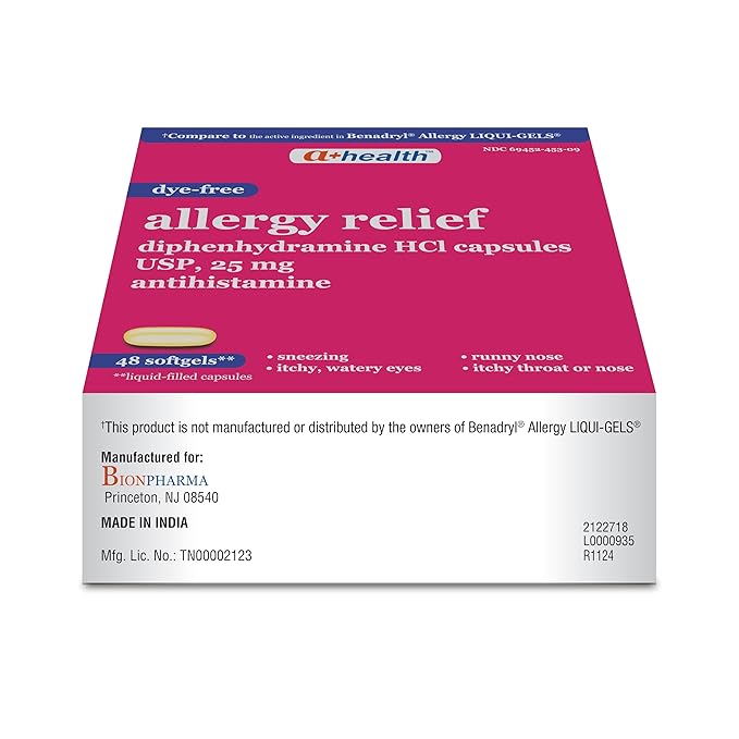 A+Health Allergy Relief Dye-Free Diphenhydramine 25mg Softgels, for Relief of Allergy Symptoms Like Runny Nose, Sneezing, Itch of The Nose or Throat, Itchy, Watery Eyes, 48 Count