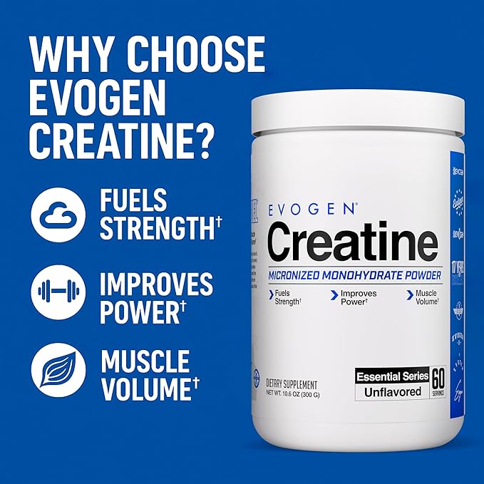 Evogen Creatine Monohydrate Powder - Micronized Creatine for Women & Men | Pure Creatine Powder Supplement for Strength, Power & Recovery | Unflavored | 60 Servings