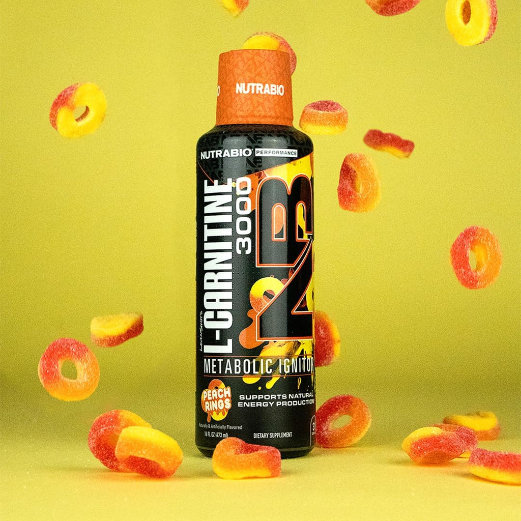 NutraBio – L-Carnitine Liquid Shots – 3000mg, (Peach Rings) – 10mg of Vitamin B-5 – Zero Carbs & Sugars – Energy Production – Muscle Recovery