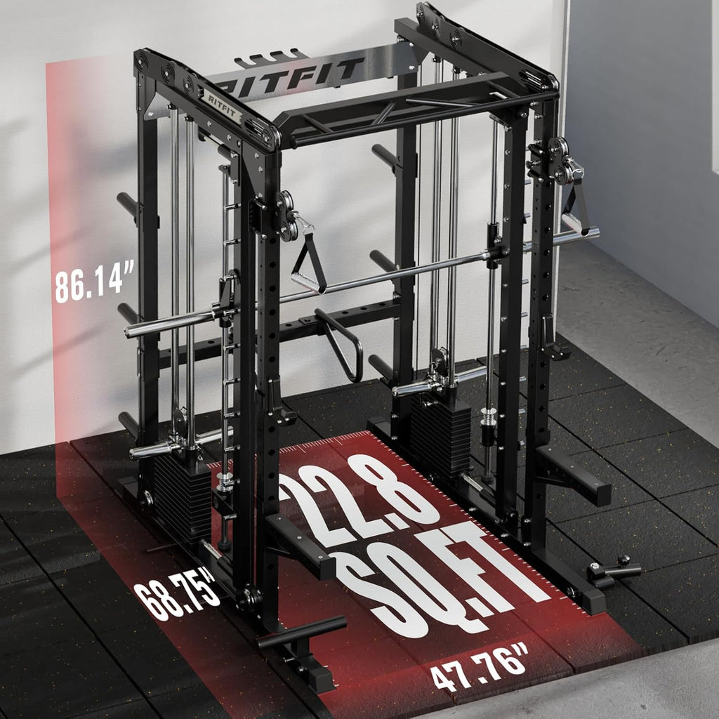 RitFit M2 PRO-3D Smith Machine with Weight Stack, 3D Functional Trainer & Power Cage, 308.6lbs Stack, 16 Adjustment Holes, 6 Storage Pegs for Full-Body Home Gym