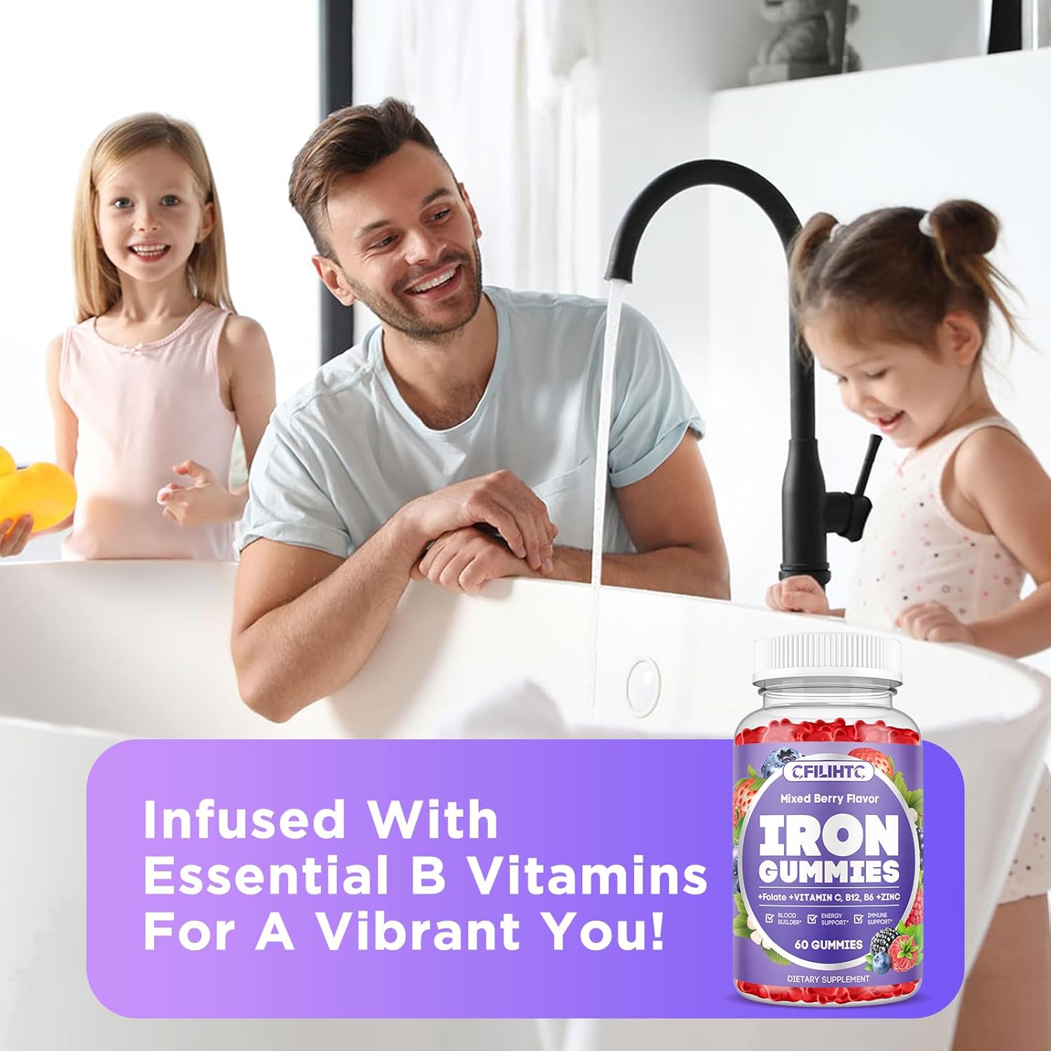 Iron Gummies for Women & Men - Iron Supplement with Vitamin B6, B12, C, Zinc, Folate for Adults & Kids - Support Iron Deficiency, Anemia, Energy Boost, Blood Builder - Sugar Free 60ct Mixed Berry