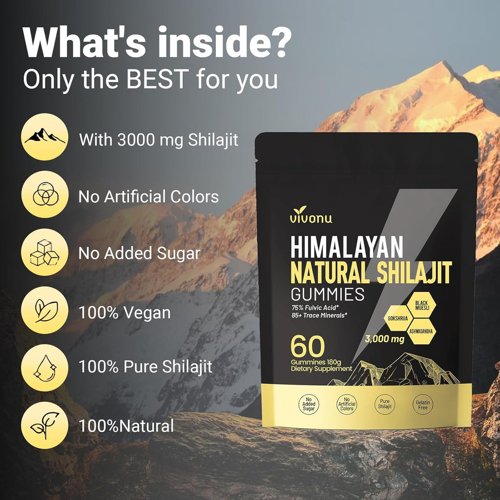 Pure Himalayan Shilajit Gummies, micronutrient Supplement, Himalayan Premium Ingredient with Shilajit - Ashwagandha, Gokshura, Fulvic Acid & 85+ Trace Minerals I for Men, Women I Non-GMO