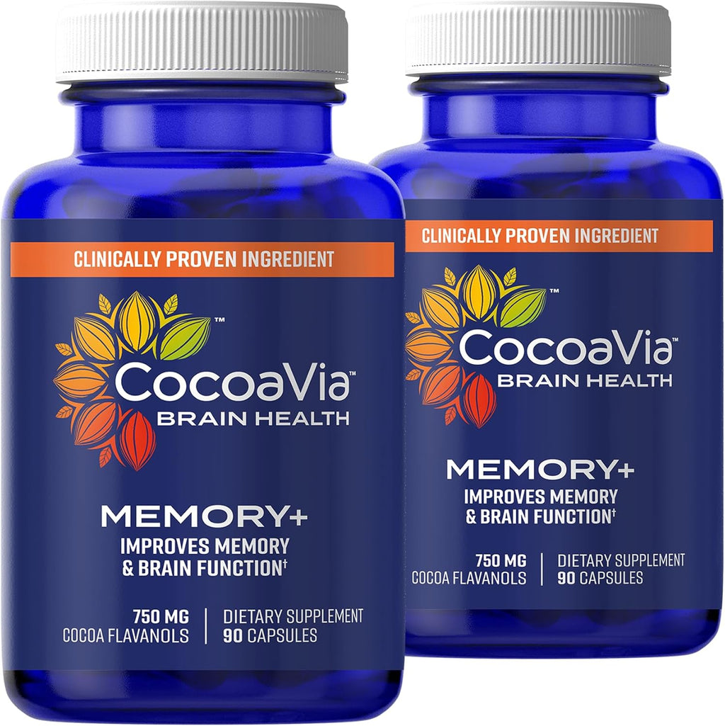 CocoaVia Memory+ Brain Supplement, Clinically Proven Memory and Brain Booster, Plant Based Supplement, Sugar Free, Gluten Free, Vegan, 750 mg Cocoa Flavanols Capsules, 60 Day Supply