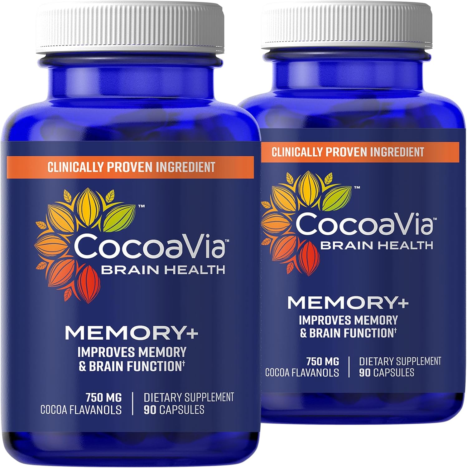 CocoaVia Memory+ Brain Supplement, Clinically Proven Memory and Brain Booster, Plant Based Supplement, Sugar Free, Gluten Free, Vegan, 750 mg Cocoa Flavanols Capsules, 60 Day Supply