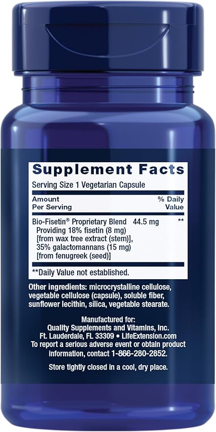 Life Extension Bio-Fisetin, Fisetin, galactomannans from Fenugreek Seed, Cellular Health, Cognitive Health, Longevity, Gluten-Free, Vegetarian, Non-GMO, 30 Vegetarian Capsules