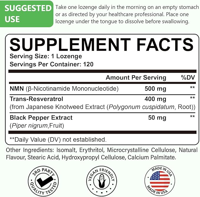 Sublingual NMN 500mg + Trans-Resveratrol 400mg, 3-in-1 Advanced Formula 99% Pure NMN Resveratrol Supplement for Boost* NAD, Cell, Immune, Energy & Muscle, Anti-Aging, 120 Lozenges, 120-Day Supply