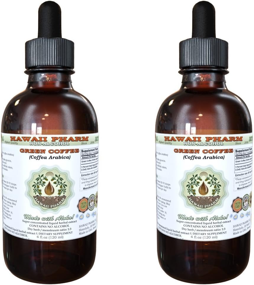 Green Coffee Alcohol-Free Liquid Extract, Green Coffee (Coffea Arabica) Dried Bean Glycerite Hawaii Pharm Natural Herbal Supplement 2x4 oz