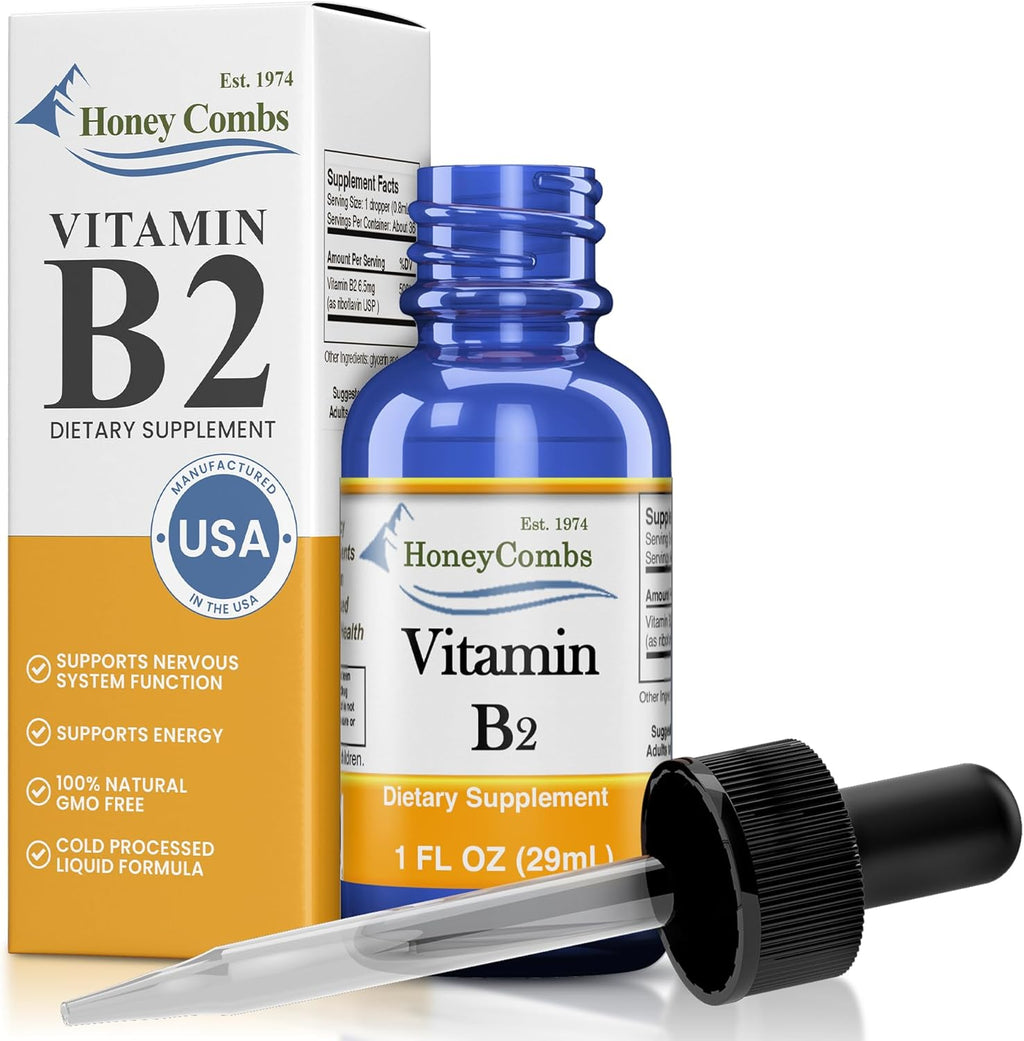 HoneyCombs Vitamin B2 Riboflavin Supplement Liquid Drops - High Potency Vitamin B2 for Men & Women - Maintain Healthy Digestion, Nervous System, Hair, Skin, Nails - Vegan Liquid Vitamins (1 Fl oz)