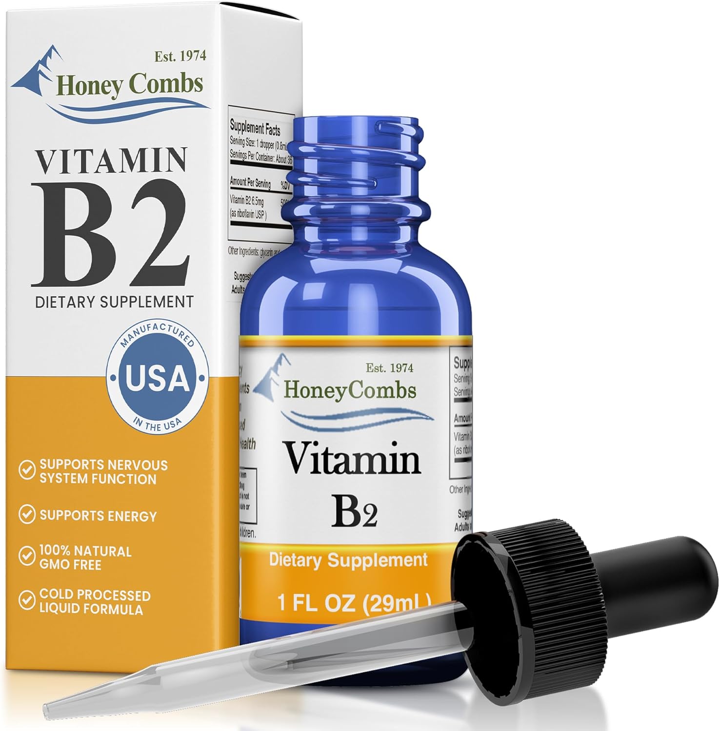 HoneyCombs Vitamin B2 Riboflavin Supplement Liquid Drops - High Potency Vitamin B2 for Men & Women - Maintain Healthy Digestion, Nervous System, Hair, Skin, Nails - Vegan Liquid Vitamins (1 Fl oz)