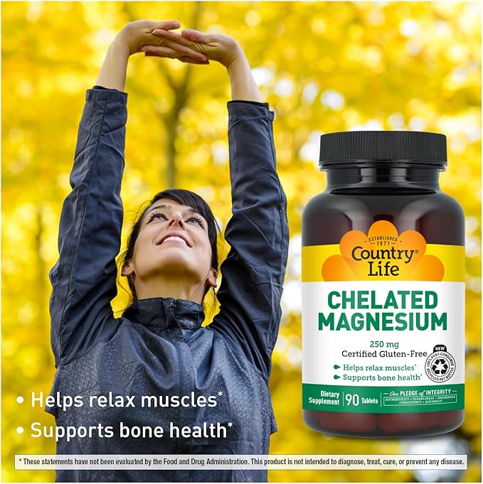 Country Life, Chelated Magnesium 250mg, Supports Bone and Immune Health, Daily Supplement, 90 ct