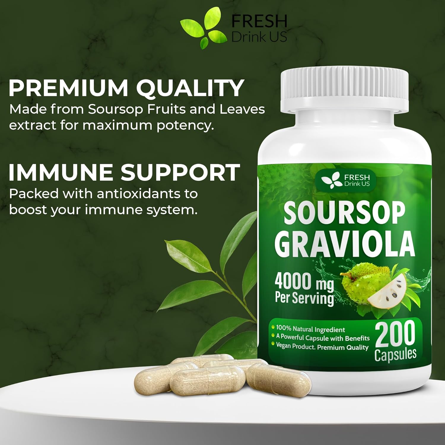FRESHDRINKUS, Premium 200 Soursop Capsules, 4000mg per Serving, 100 Days Supply – 100% from Natural Soursop Graviola Fruits and Leaves Extract, Vegan Capsules, Non-GMO, Gluten-Free.