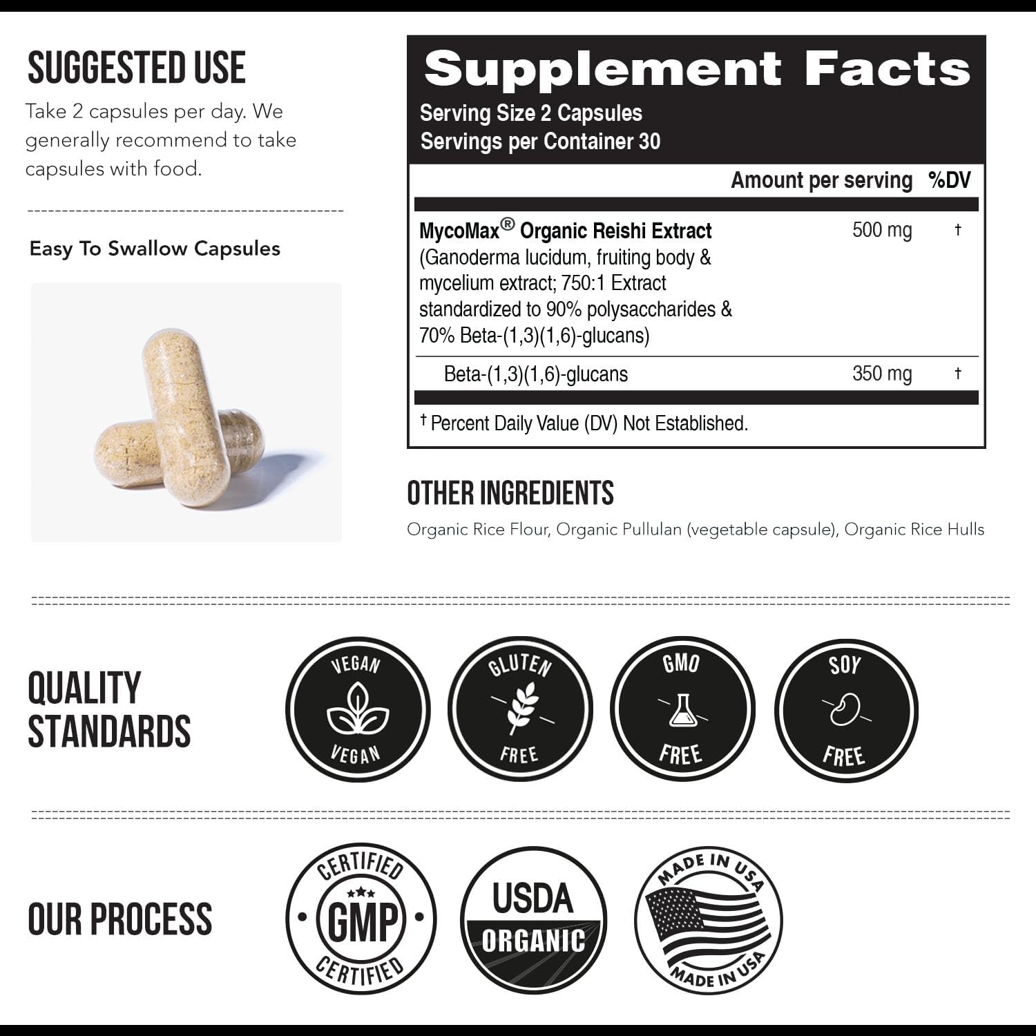 Organic Reishi Mushroom Capsules Extract - 70% Beta Glucans - Highest Active Nutrient Levels, Max Potency, US Grown + Ultrasonic Extraction - Energy, Immunity, Sleep and Stress - 60 Capsules