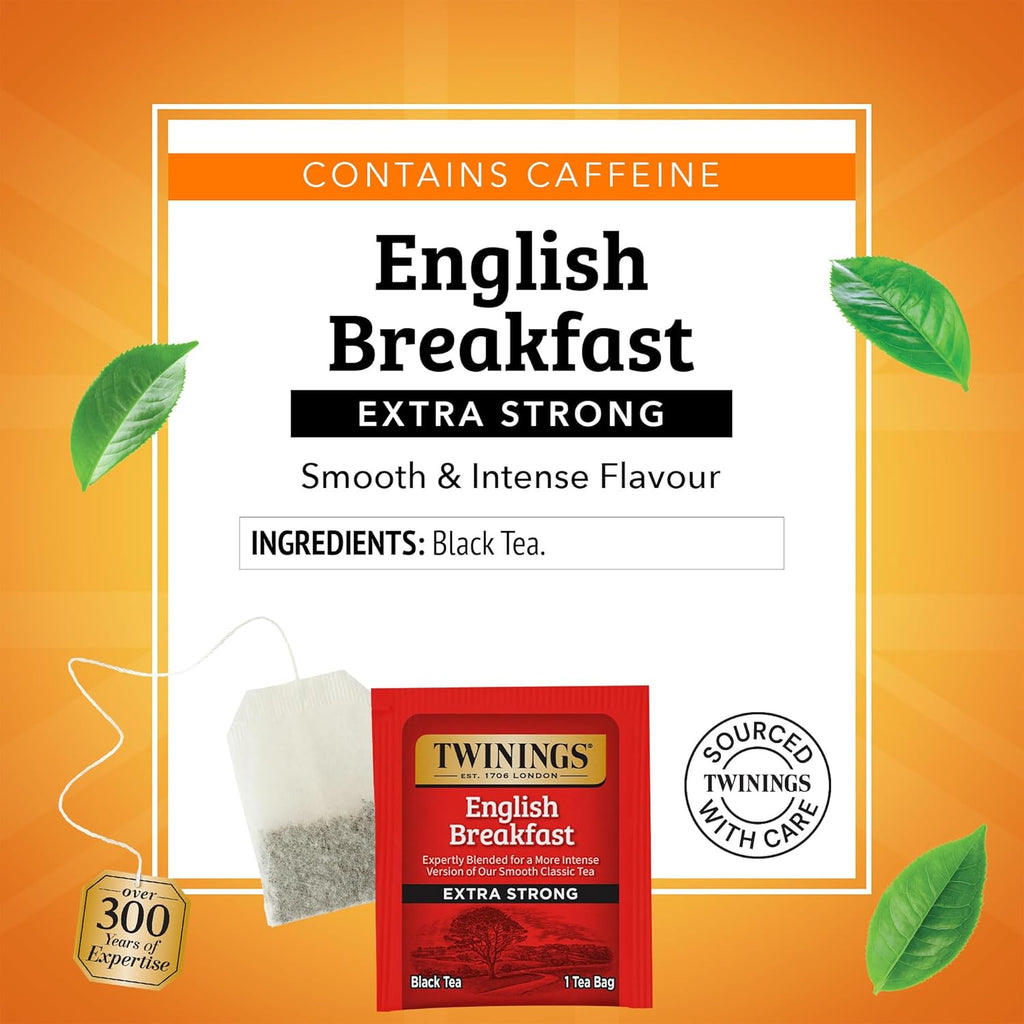 Twinings English Breakfast Extra Strong Black Tea Individually Wrapped Bags, 20 Count (Pack of 1), Robust, Caffeinated, Enjoy Hot or Iced, 20 Teabags