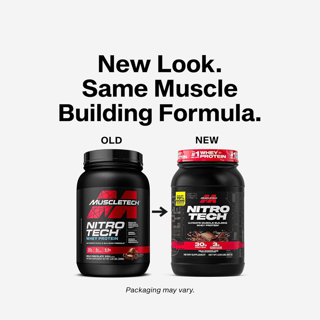 Muscletech Whey Protein Powder (Milk Chocolate, 2 Pound) - Nitro-Tech Ultimate Muscle Building Formula with Whey Protein Isolate - 30g of Protein, 3g of Creatine & 6.8g of BCAA - Packaging May Vary