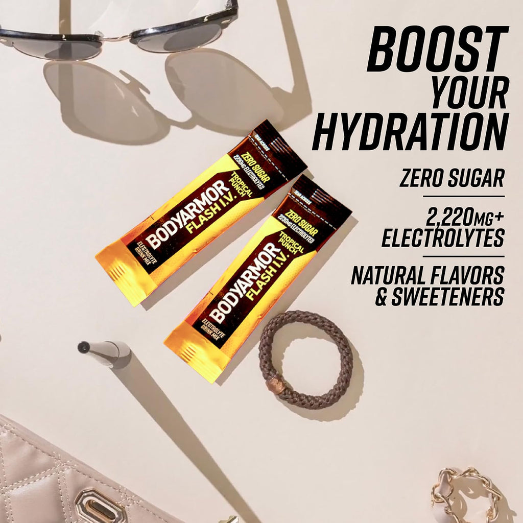 BODYARMOR Flash IV Electrolyte Packets, Tropical Punch - Zero Sugar Drink Mix, Single Serve Packs, Coconut Water Powder, Hydration for Workout, Travel Essentials, Just Add Sticks to Liquid (15 Count)