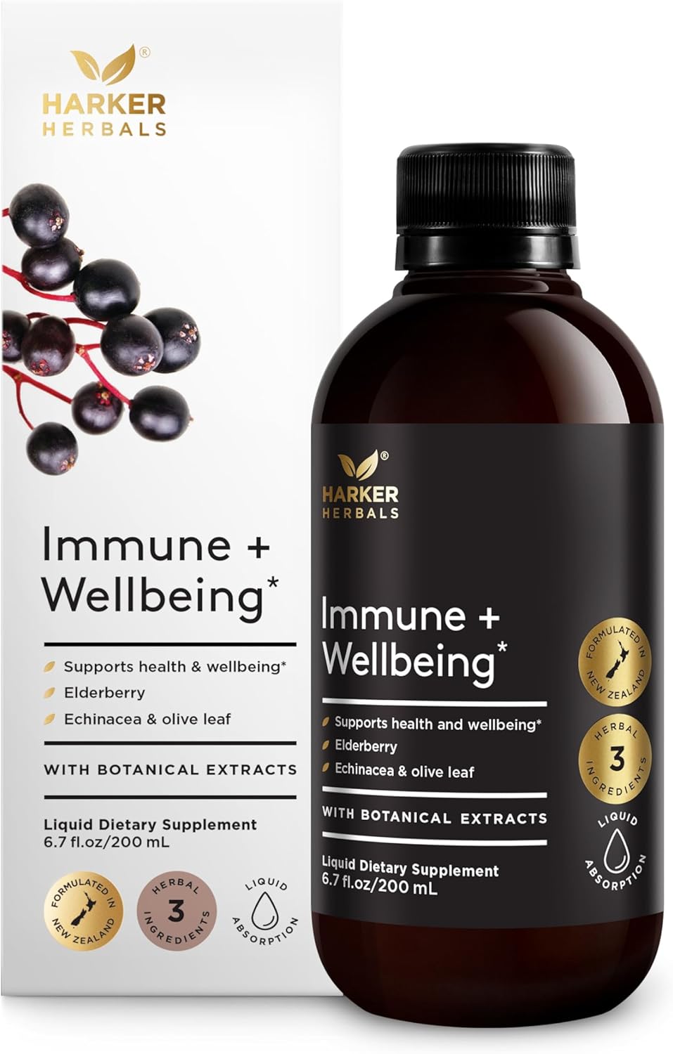 Immune + Wellbeing Syrup, Herbal Formula with Elderberry, Echinacea & Olive Leaf, High Absorption, Wild Berry Flavor, Plant-Based - 6.7 Fl oz (40 Servings)