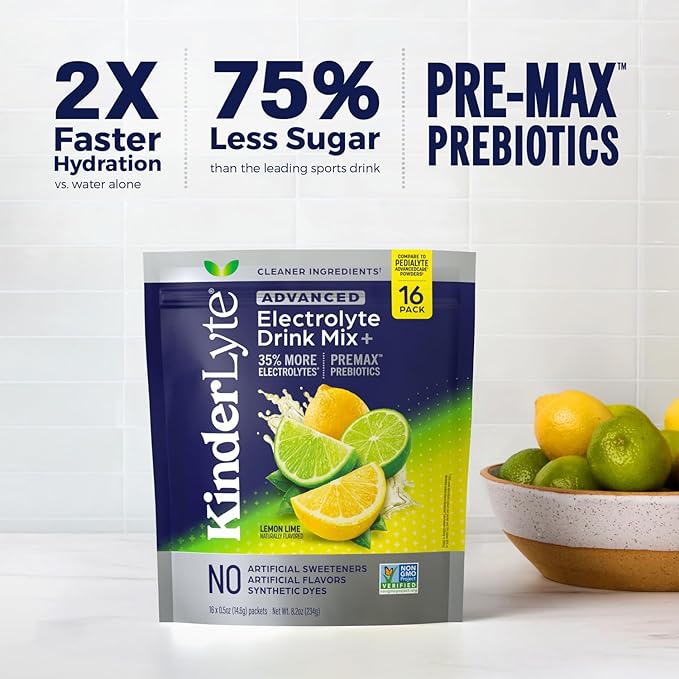 Kinderlyte Advanced Electrolyte Powder for Kids and Adults - Drink Mix Hydration Packets (Lemon Lime, 16 Count), with PreMax Prebiotics, No Artificial Sweeteners or Flavors, No Synthetic Dyes