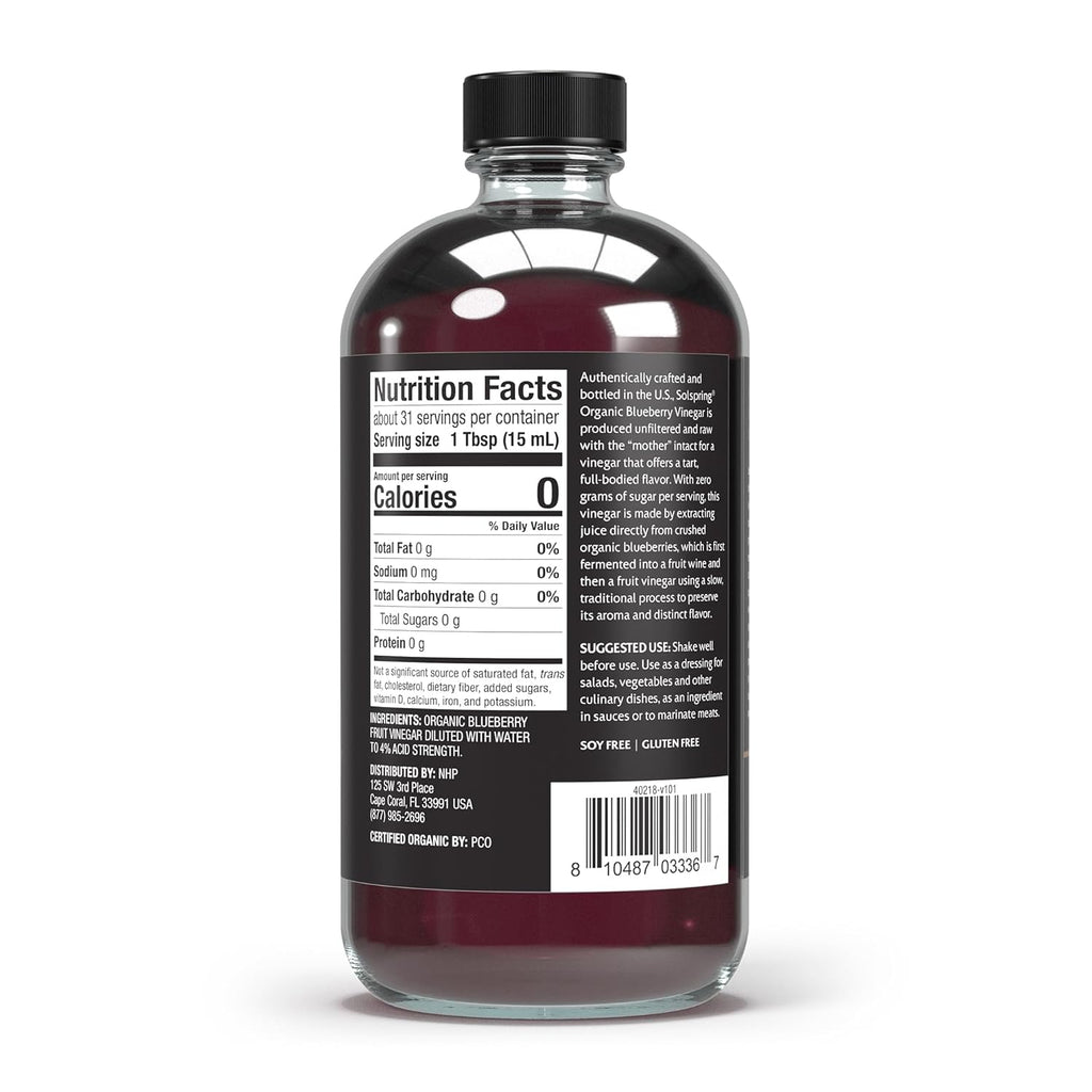 Dr. Mercola Solspring Organic Blueberry Vinegar, 2 Bottle (16 Fl. Oz.), Tart, Full-Bodied Flavor, non GMO, Soy Free, Gluten Free, USDA Organic