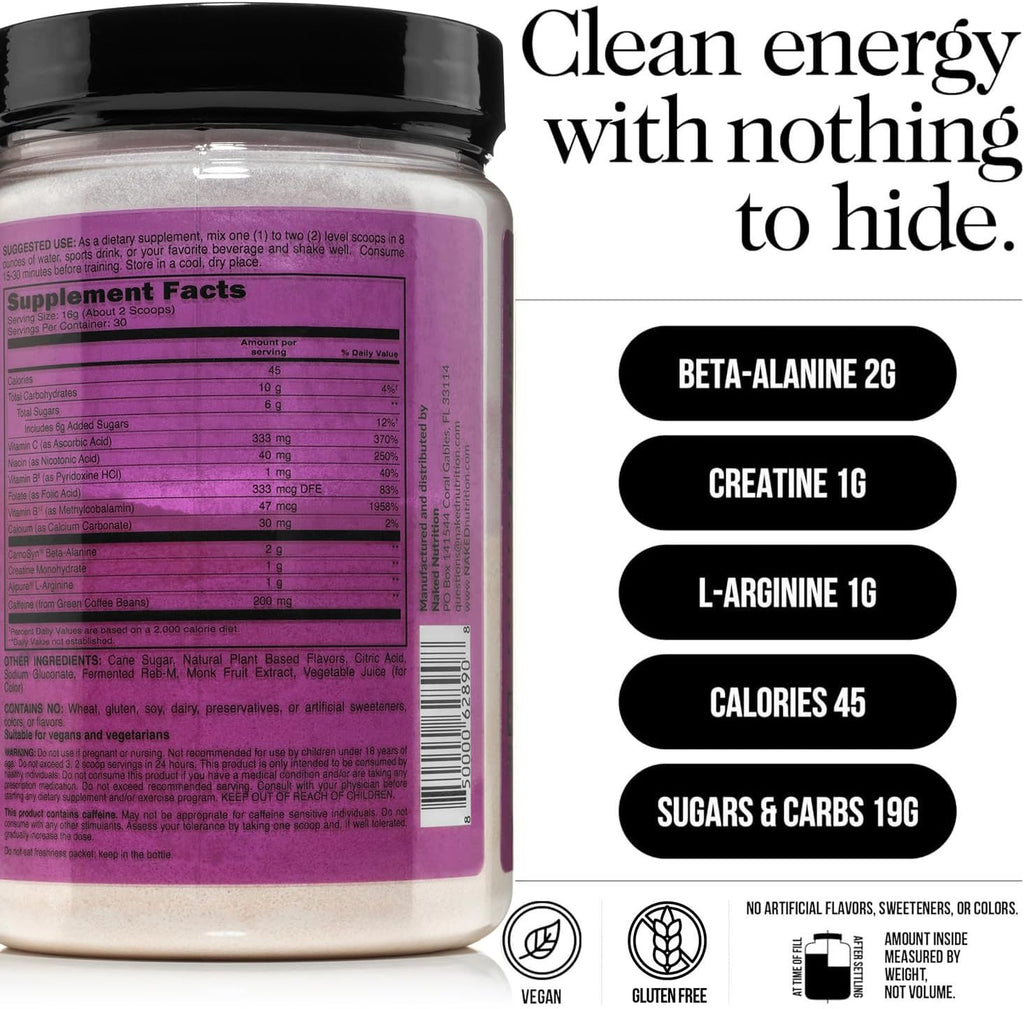 NAKED Fruit Punch Energy - Clean Pre Workout Supplement for Men and Women, Vegan Friendly, No Added Sweeteners, Colors Or Flavors - 30 Servings