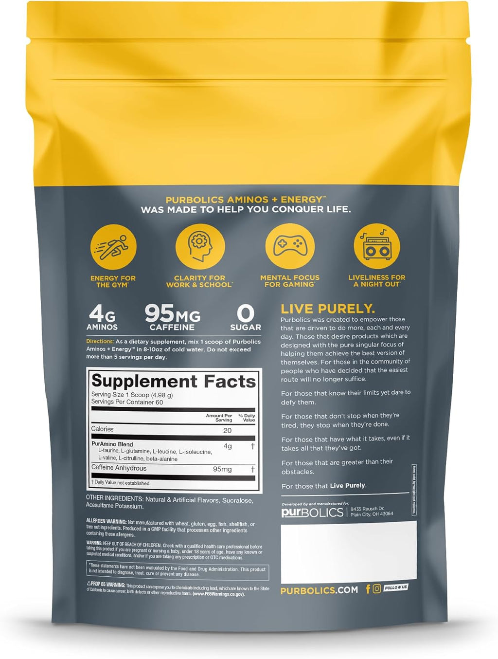 Purbolics Aminos + Energy | Supports Recovery, Energy & Focus | 95mg of Caffeine, 0 Sugar & 60 Servings (Razzle Dazzle)