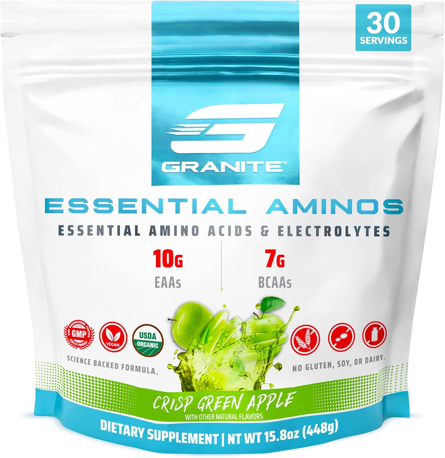 Granite Essential Amino Acids Powder, Green Apple Flavor, with 10g EAAs and 7g BCAAs, Supports Muscle Recovery & Growth, Soy-Free, Gluten-Free (30 Servings)