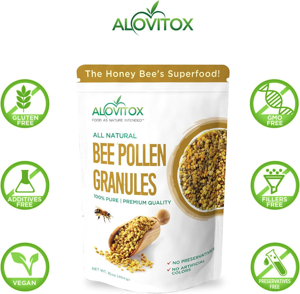 Alovitox Bee Pollen Granules 16 Oz | 100% Pure, Fresh Raw Bee Pollen | Superfood Packed Bee Pollen with Antioxidant, Protein, Vitamins & More | Nutritional Yeast & Gluten Free