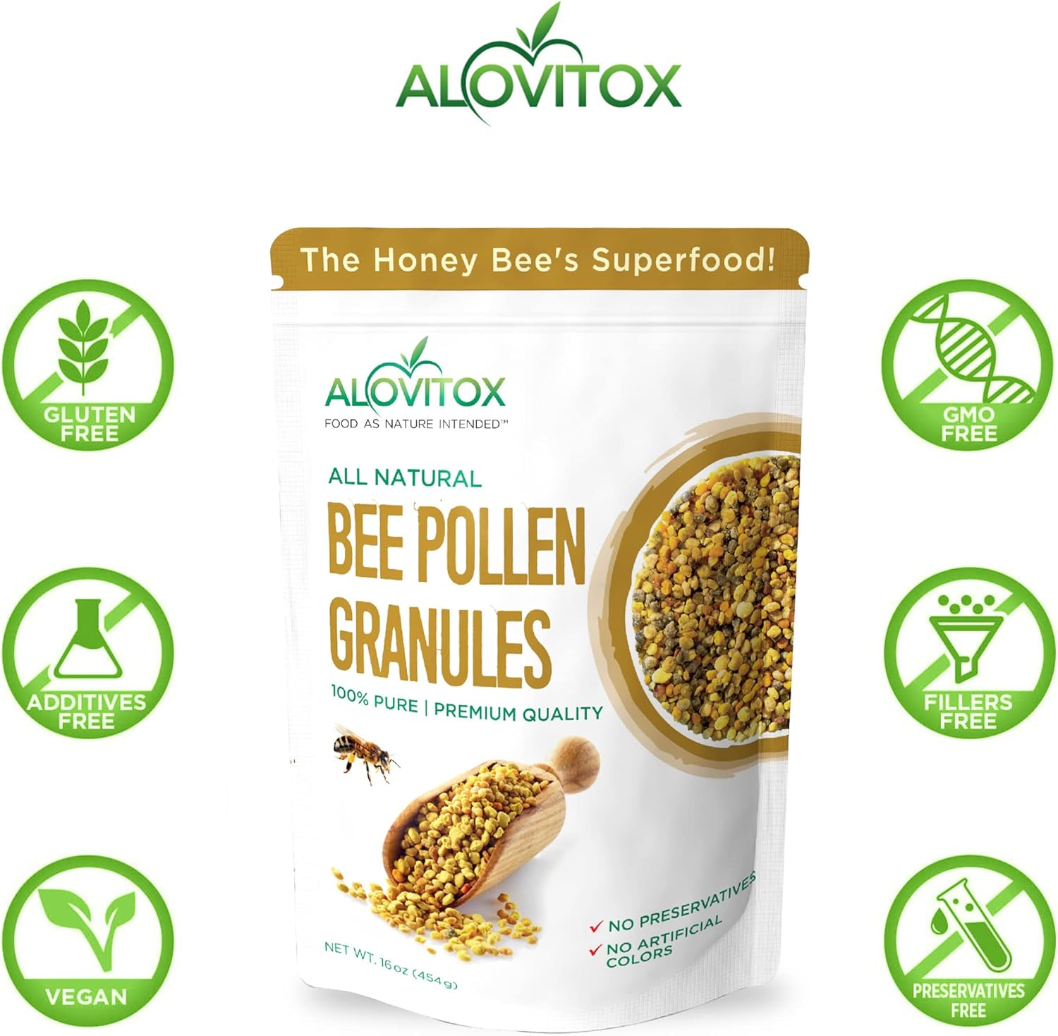 Alovitox Bee Pollen Granules 16 Oz | 100% Pure, Fresh Raw Bee Pollen | Superfood Packed Bee Pollen with Antioxidant, Protein, Vitamins & More | Nutritional Yeast & Gluten Free