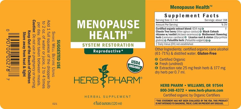 Herb Pharm Menopause Health: Women’s Supplement, Vitex Chaste Tree Berry & Black Cohosh Tincture for Women, Supports the Reproductive System, Vegan, Gluten-Free, Herbal Female Health Supplement, 4 Oz
