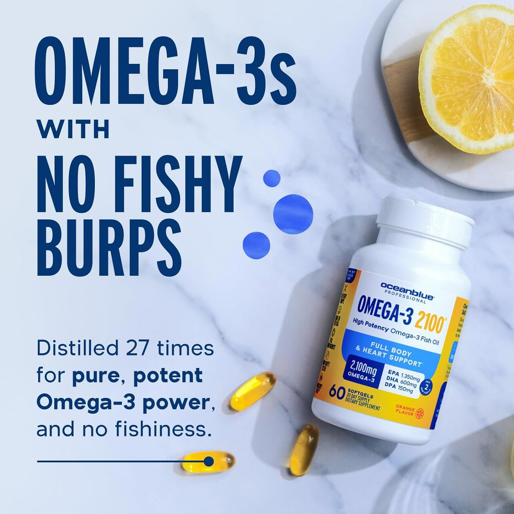 Oceanblue Professional Omega-3 2100 Minis – 120 ct – Triple Strength Burpless Fish Oil Supplement with High-Potency EPA, DHA, DPA – Orange Flavor (30 Servings)