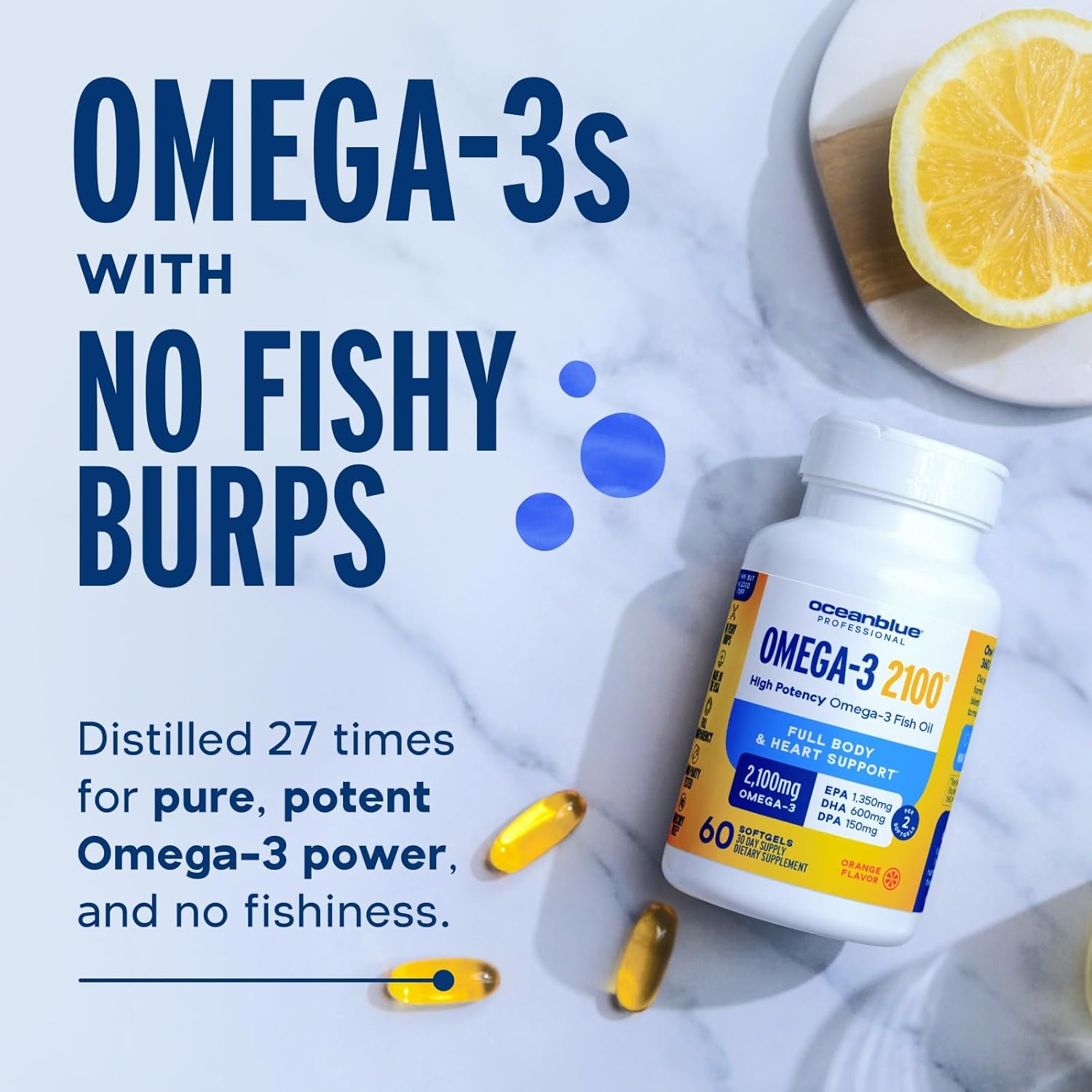Oceanblue Professional Omega-3 2100 Minis – 120 ct – Triple Strength Burpless Fish Oil Supplement with High-Potency EPA, DHA, DPA – Orange Flavor (30 Servings)