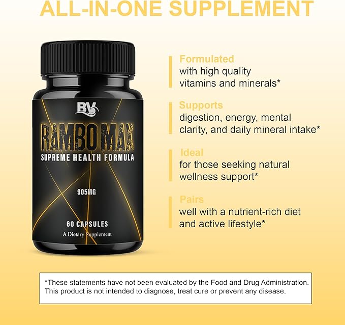 BLUE VIBE Rambo Max Premium Performance and Advanced Health Management Supplement Pills, RamboMax Maximum Strength Daily Health Support and Overall Wellness Supplement (2 Pack - 120 Capsules)